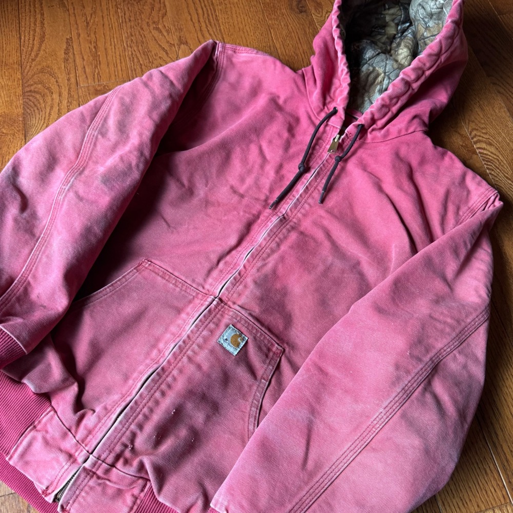 Carhartt Pink Camo Jacket L Sun Faded Canvas Lined Hooded Workwear Blue Collar